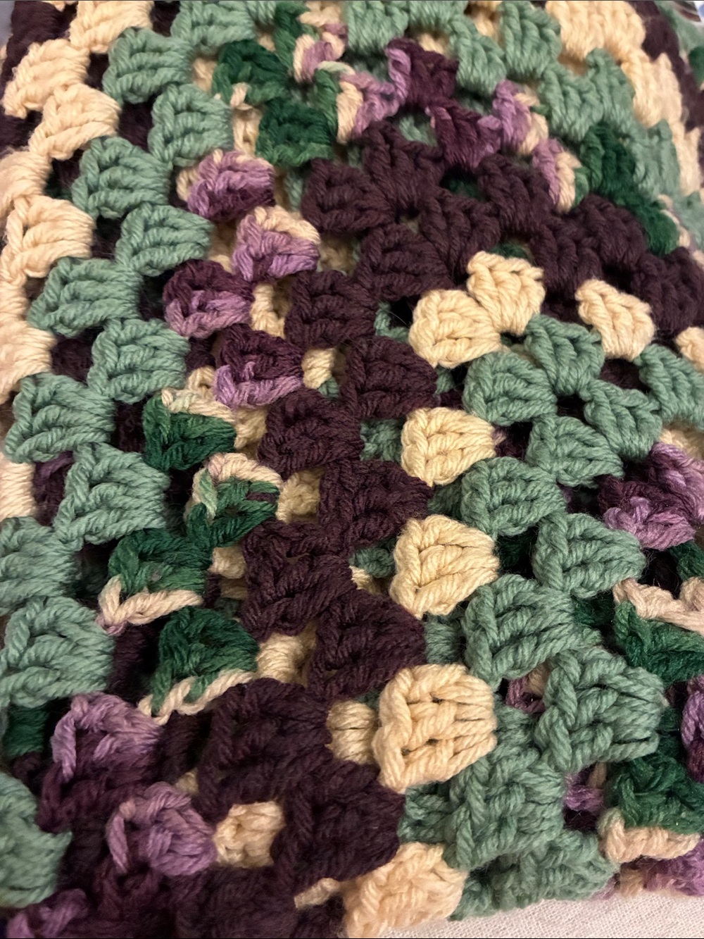 Handmade Crochet Throw in Green, Purple & Cream